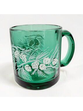 Green Glass Coffee Mug Cup Evergreen Tree Branch White Pinecones Christmas